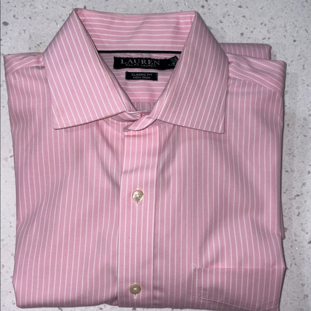 Ralph Lauren Pink & White Non Iron Button Classic Fit Down Shirt 16 32/33